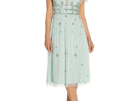 ADRIANNA PAPELL Womens Aqua Zippered Sheer Lined Flutter Sleeve Sweetheart Neckline Midi Party Fit + Flare Dress Cheap