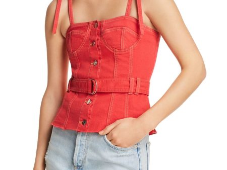 SJYP Womens Red Spaghetti Strap Square Neck Top Discount