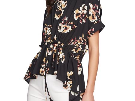 1. STATE Womens Black Ruffled Floral Short Sleeve Peplum Top Sale