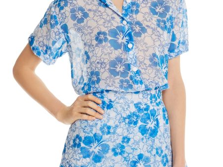 Mochi Womens Blue Floral Short Sleeve Collared Top Online