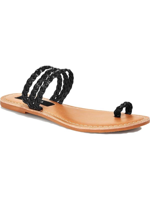 AQUA Womens Black Toe-Loop Cushioned Braided Slay Open Toe Slip On Leather Slide Sandals Shoes For Cheap