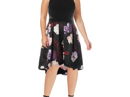 XSCAPE Womens Black Floral Sleeveless Jewel Neck Midi Hi-Lo Dress For Sale