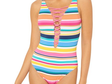 BLEU Women s Pink Multi-Stripe Stretch Strappy Removable Cups Moderate Coverage Adjustable One Piece Swimsuit Fashion