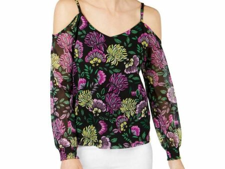 INC Womens Black Shoulder Floral Smocked V Neck Evening Blouse For Cheap