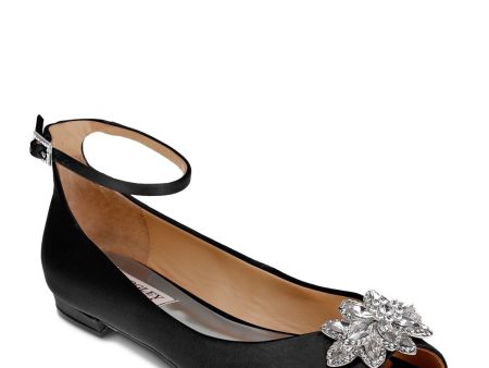 BADGLEY MISCHKA Womens Black Satin Adjustable Ankle Strap Rhinestone Cushioned Kaidence Peep Toe Buckle Dress Flats Shoes Online now