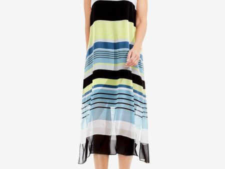 VINCE CAMUTO Womens Blue Slitted Striped Sleeveless Jewel Neck Tea Length Shift Dress Online Sale