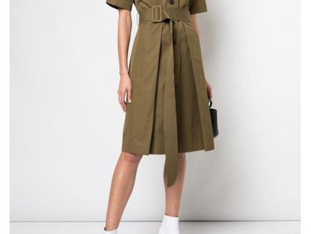 Adam Lippes Womens Green Belted Short Sleeve Collared Below The Knee Evening Shirt Dress Discount