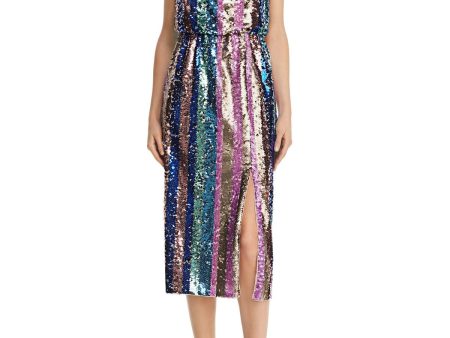 AIDAN MATTOX Womens Blue Sequined Color Block Spaghetti Strap Square Neck Below The Knee Cocktail Fit + Flare Dress Fashion