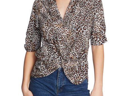 1. STATE Womens Brown Animal Print Short Sleeve V Neck Top Online now