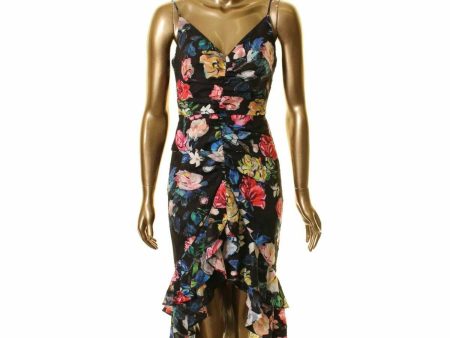 AIDAN AIDAN MATTOX Womens Black Ruched Ruffled Floral Spaghetti Strap V Neck Hi-Lo Dress For Cheap