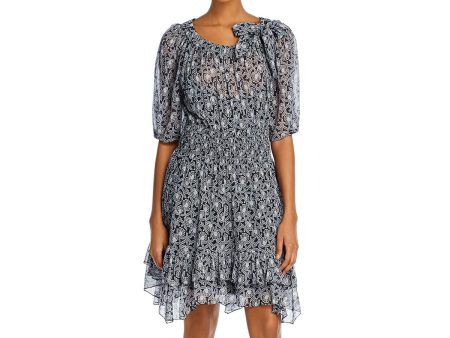 REBECCA TAYLOR Womens Navy Floral 3 4 Sleeve Scoop Neck Above The Knee Fit + Flare Dress Supply