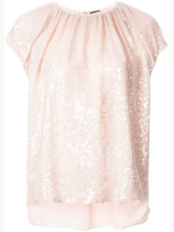 Adam Lippes Womens Pink Sequined Short Sleeve Jewel Neck Evening Top Online Sale