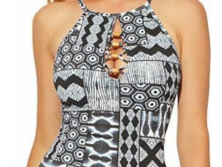 BLEU Women s Blue Printed Stretch Removable Cups Crisscross Back Adjustable Cutout High Neck Tankini Swimsuit Top Cheap