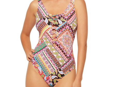 BLEU Women s Multi Color Stretch Moderate Coverage Deep V Neck One Piece Swimsuit on Sale