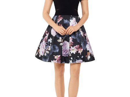 XSCAPE Womens Black Floral Off Shoulder Knee Length Evening Dress Hot on Sale