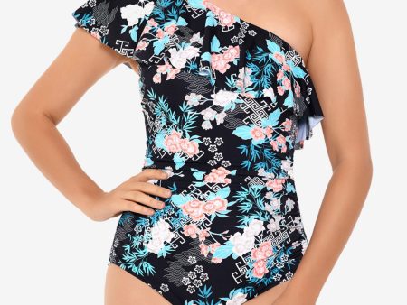 SWIM SOLUTIONS Women s Black Tropical Print Stretch Allover Slimming Fixed Cups Full Coverage Ruffled One Shoulder One Piece Swimsuit Cheap