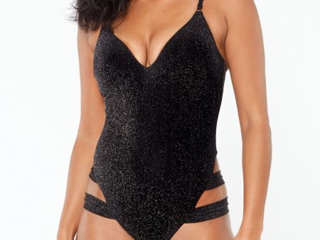 BAR III Women s Black Stretch Push-Up Shimmer Strappy Adjustable Moderate Coverage Molded Cup One Piece Swimsuit For Cheap