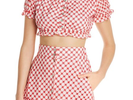 PALOMABLUE Womens Red Ruffled Polka Dot Pouf Off Shoulder Crop Top Online Hot Sale