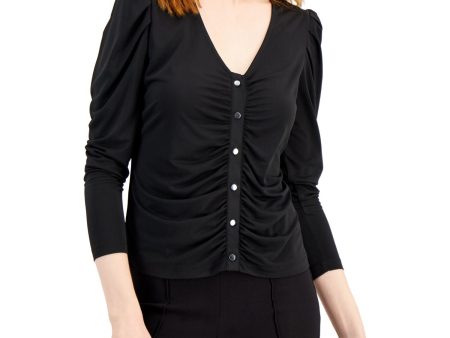 STUDIO BY JPR Womens Ruched Pouf Sleeve V Neck Wear To Work Button Up Top Supply