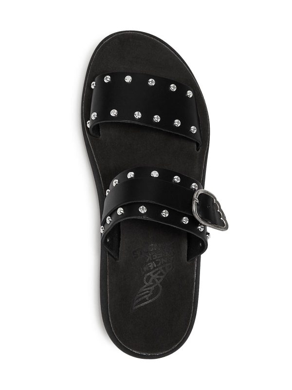 ANCIENT GREEK SANDALS Womens Black Buckle Accent Studded Preveza Round Toe Wedge Slip On Leather Slide Sandals Shoes Online Sale