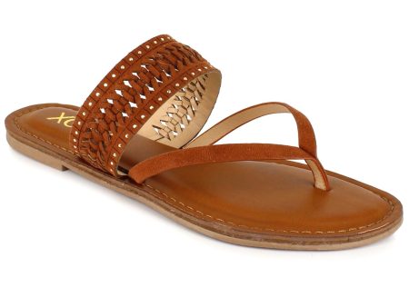 XOXO Womens Brown Weaved Design Thermoplastic Heel Studded Robby Almond Toe Slip On Thong Sandals Shoes Sale