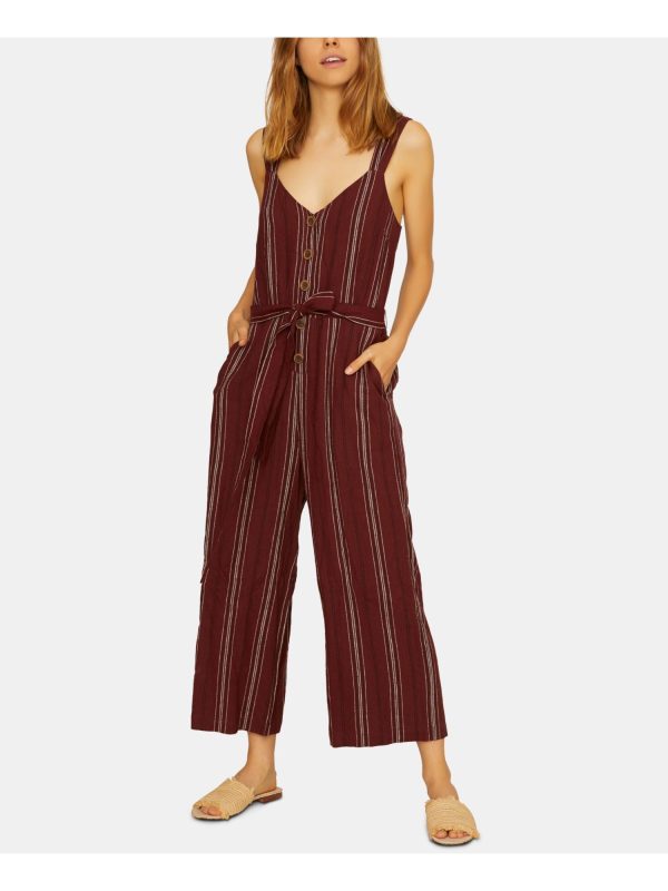 SANCTUARY Womens Brown Striped Sleeveless V Neck Wide Leg Jumpsuit For Sale