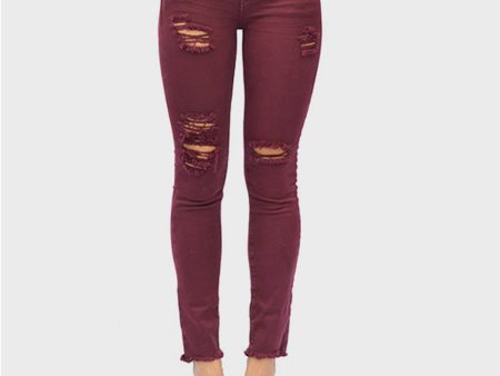 IRO.JEANS Womens Burgundy Distressed Zippered Pocketed Unfinished Hem Skinny Jeans Fashion