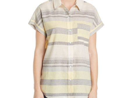 MARLED REUNITED CLOTHING Womens Yellow Striped Short Sleeve Collared Button Up Top on Sale