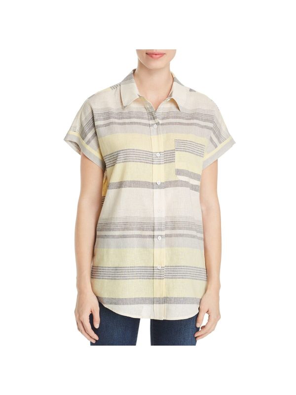 MARLED REUNITED CLOTHING Womens Yellow Striped Short Sleeve Collared Button Up Top on Sale