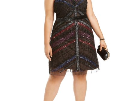 ADRIANNA PAPELL Womens Black Beaded Printed Sleeveless Halter Knee Length Cocktail Sheath Dress For Discount