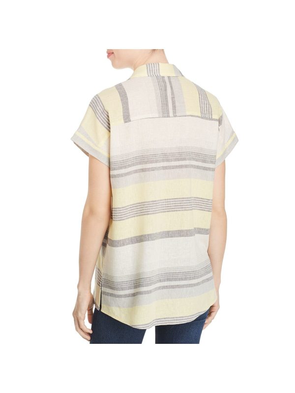 MARLED REUNITED CLOTHING Womens Yellow Striped Short Sleeve Collared Button Up Top on Sale