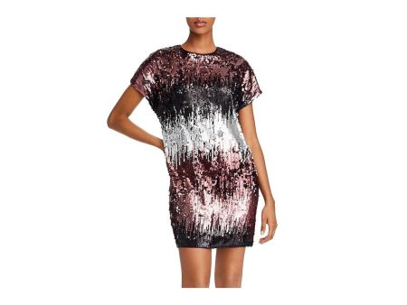 AIDAN MATTOX Womens Black Sequined Short Sleeve Jewel Neck Short Evening Body Con Dress Fashion