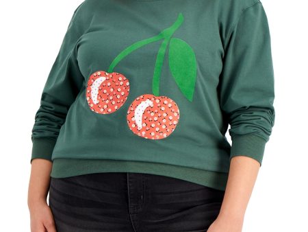 MIGHTY FINE Womens Green Ribbed Graphic Sweatshirt on Sale