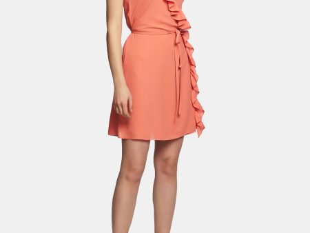 1. STATE Womens Coral Ruffled Sleeveless V Neck Above The Knee Party Wrap Dress Online now