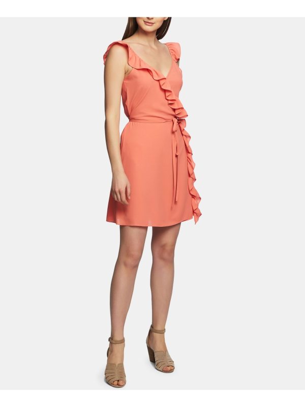 1. STATE Womens Coral Ruffled Sleeveless V Neck Above The Knee Party Wrap Dress Online now