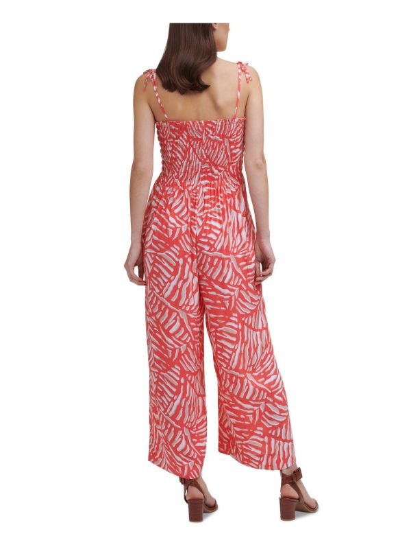 CALVIN KLEIN Womens Coral Smocked Tie Printed Spaghetti Strap Square Neck Cropped Jumpsuit Discount