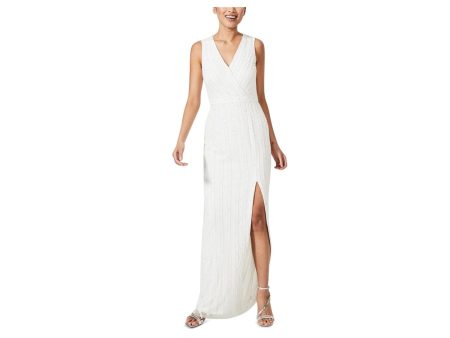 ADRIANNA PAPELL Womens White Slitted Zippered Lined Striped Sleeveless Surplice Neckline Full-Length Party Sheath Dress For Discount