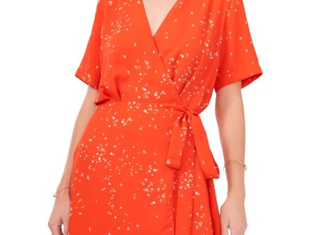 VINCE CAMUTO Womens Orange Tie Lined Floral Short Sleeve Surplice Neckline Short Wrap Dress Online Hot Sale