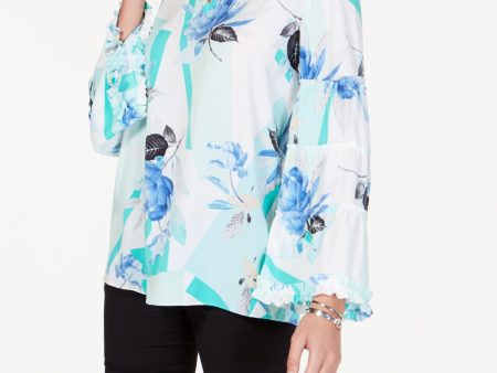 ALFANI Womens Green Floral Bell Sleeve V Neck Blouse Online now