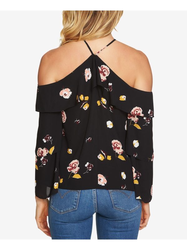 1. STATE Womens Black Cold Shoulder Floral Long Sleeve Halter Top For Discount