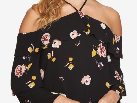 1. STATE Womens Black Cold Shoulder Floral Long Sleeve Halter Top For Discount