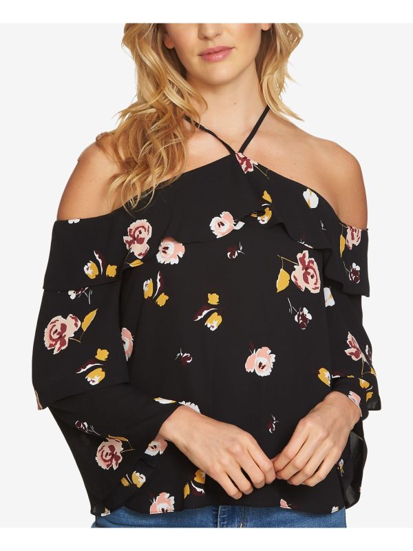 1. STATE Womens Black Cold Shoulder Floral Long Sleeve Halter Top For Discount