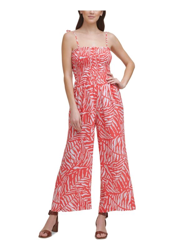 CALVIN KLEIN Womens Coral Smocked Tie Printed Spaghetti Strap Square Neck Cropped Jumpsuit Discount