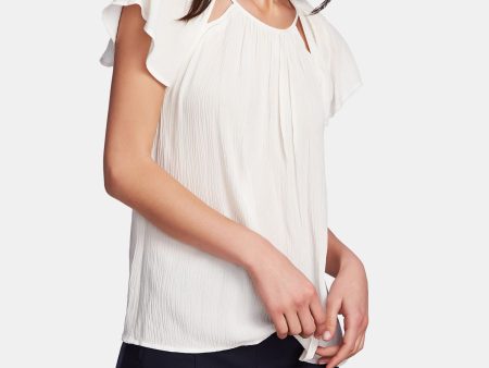 1. STATE Womens Beige Textured Cut Out Flutter Sleeves Crew Neck Top Online Sale