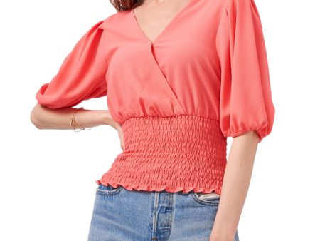 1. STATE Womens Coral Stretch Smocked Pleated Elbow Puff-sleeve Surplice Neckline Top on Sale