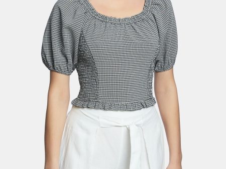 1. STATE Womens Black Check Short Sleeve Scoop Neck Wear To Work Top Hot on Sale