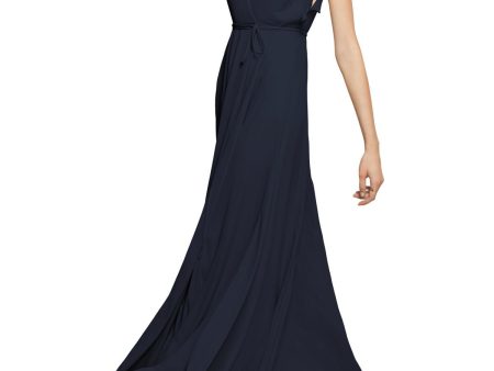 WTOO Womens Navy Sheer Cap Sleeve V Neck Full-Length Formal Fit + Flare Dress Sale