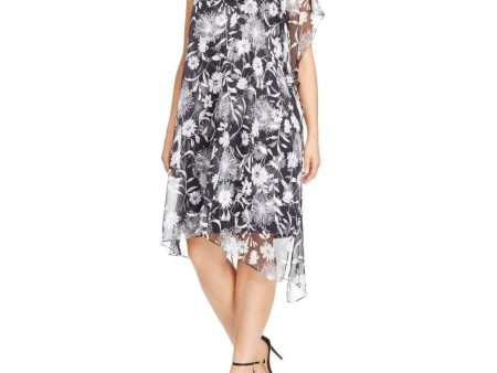 VINCE CAMUTO Womens Black Sheer Asymmetrical Hem Overlay Floral Sleeveless Jewel Neck Below The Knee Party Shift Dress on Sale