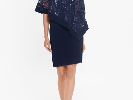 X BY XSCAPE Womens Navy Lace Fitted Floral Boat Neck Above The Knee Evening Sheath Dress For Discount