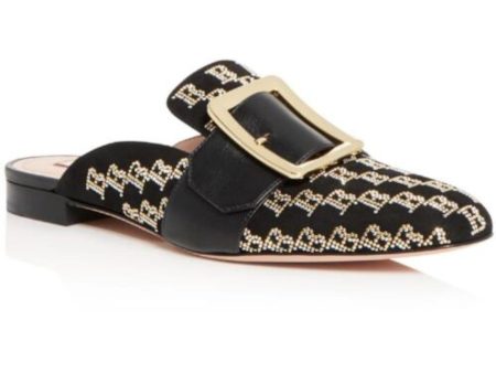 BALLY Womens Black Logo Buckle Accent Rhinestone Janesse Square Toe Block Heel Slip On Leather Mules Fashion